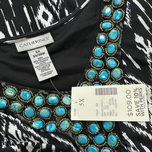New Catherines Black White Ikat Maxi Dress Turquoise Gemstone Neck Plus Size 5X - Picture 8 of 9